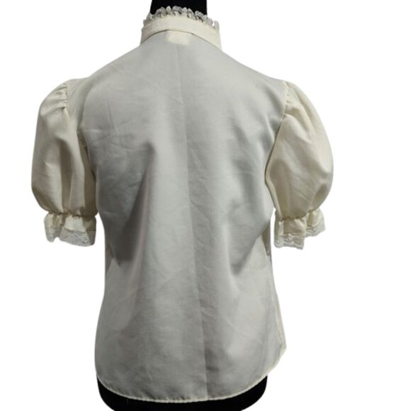 Vintage Brian Michele Puff Sleeve Ruffle Tuxedo Button Down Ivory Petite - Picture 8 of 13